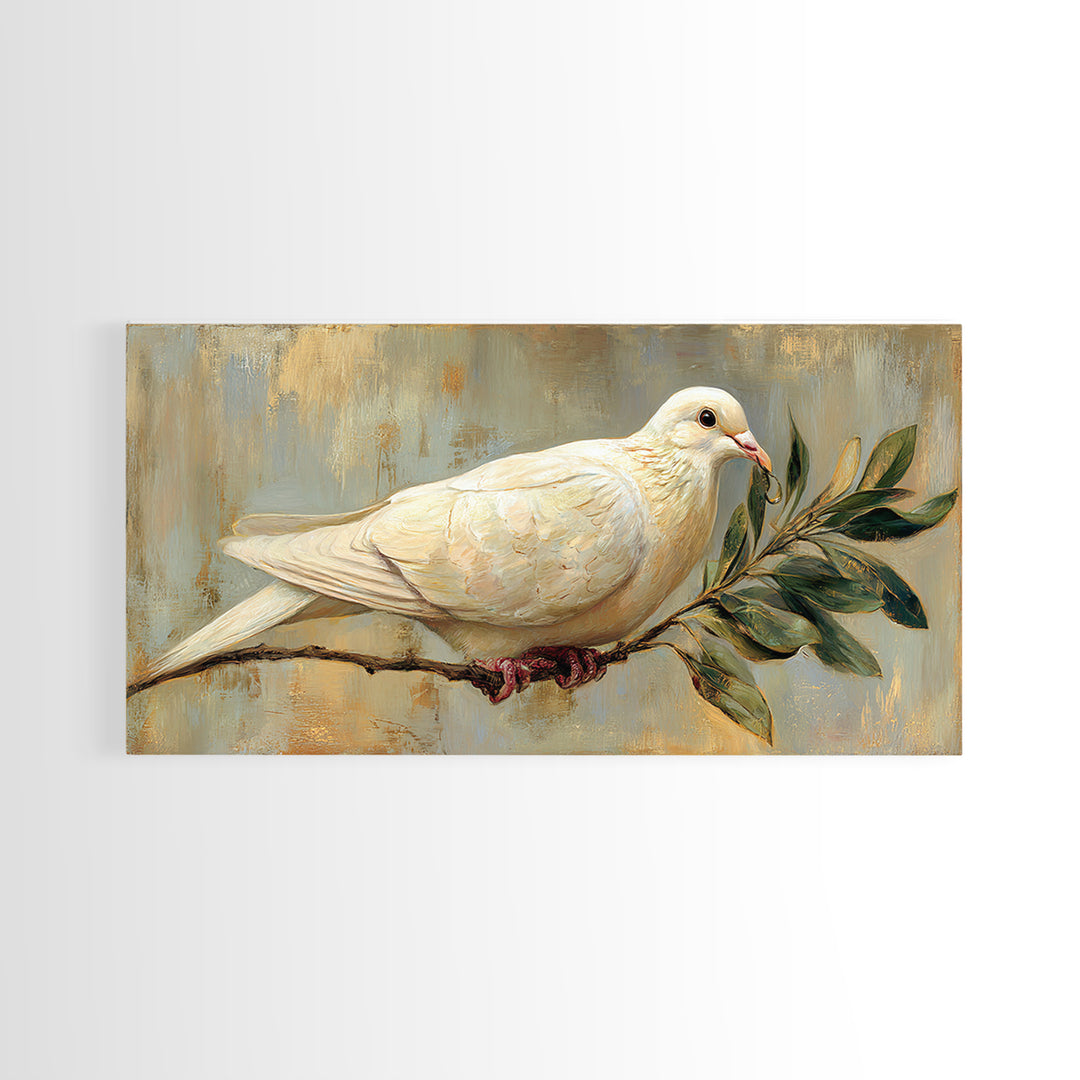 White Dove with Olive Branch and Calm Framed Canvas Print, Bird Art, Botanical Wall Art, Living Room Decor, Watercolor Art, BIR-2x1-84