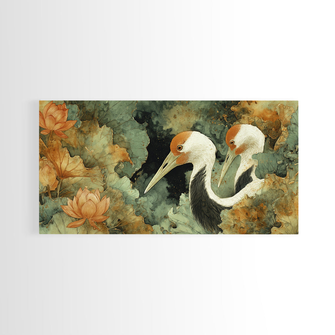 Crane and Lotus Composition Framed Canvas Print, Bird Art, Farmhouse Decor, Living Room Decor, Flight, Digital Download Art, BIR-2x1-85