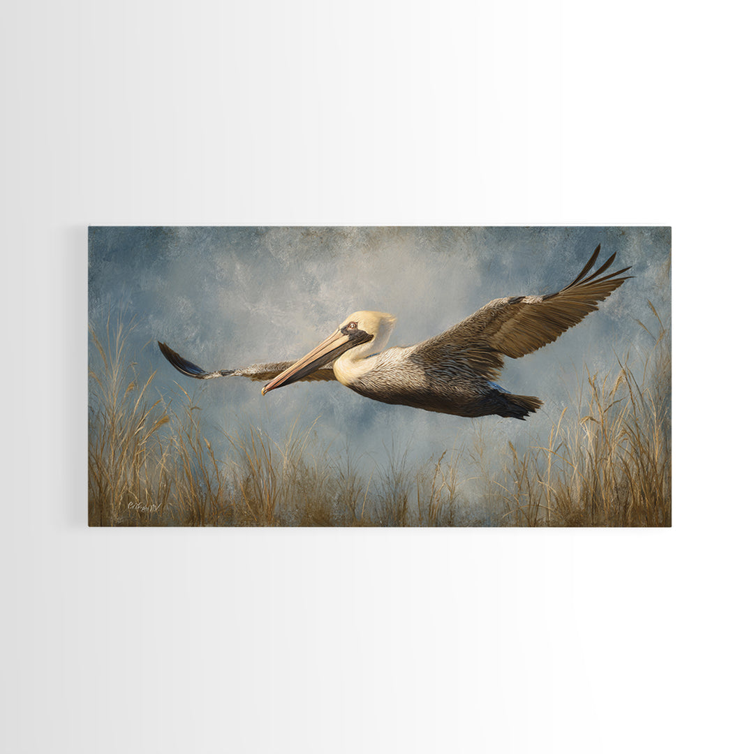 Pelican Flying over Coastal Waves Framed Canvas Print, Bird Art, Home Decor, Living Room Decor, Flight, Modern Wall Art, BIR-2x1-86
