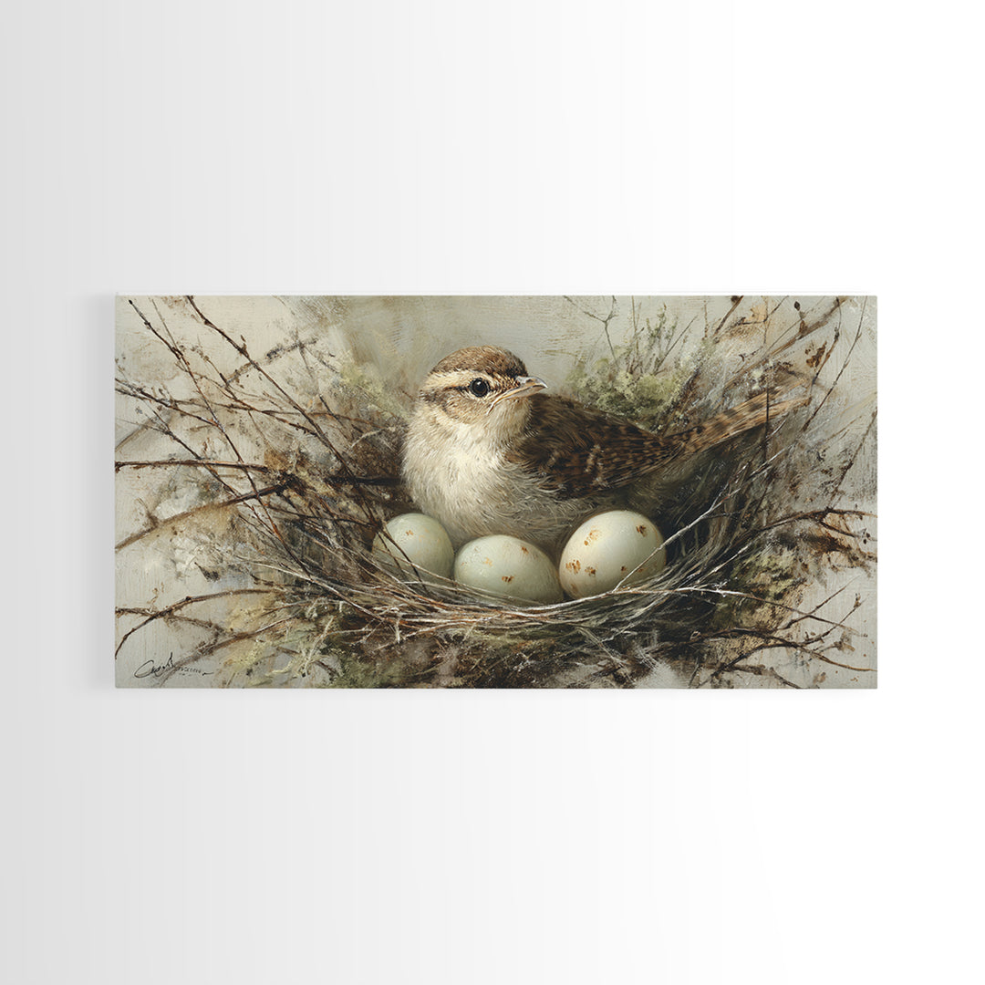 Bird Nest with Eggs and Delicate Twigs Framed Canvas Print, Bird Art, Wall Decor, Living Room Decor, Oil Painting, Flight, BIR-2x1-90
