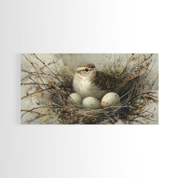 Bird Nest with Eggs and Delicate Twigs Framed Canvas Print, Bird Art, Wall Decor, Living Room Decor, Oil Painting, Flight, BIR-2x1-90
