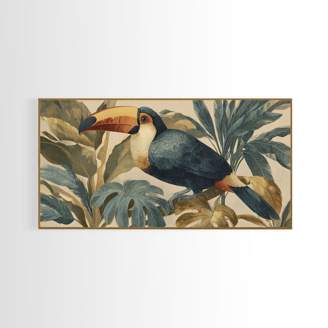 Toucan Framed by Bold Jungle Foliage Framed Canvas Print, Bird Art, Original Art, Living Room Decor, Fine Art, Flight, BIR-2x1-91