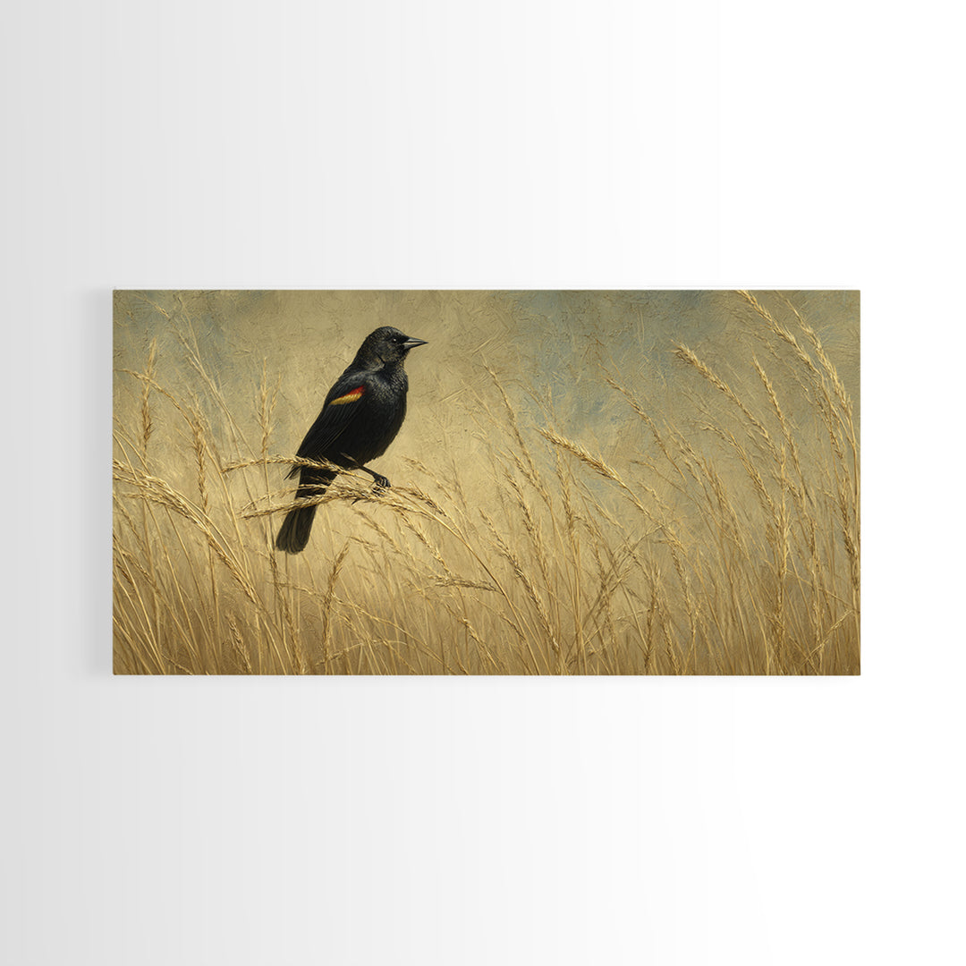 Blackbird on Gold Wheat Field Framed Canvas Print, Bird Art, Modern Wall Art, Living Room Decor, Oil Painting, Flight, BIR-2x1-92