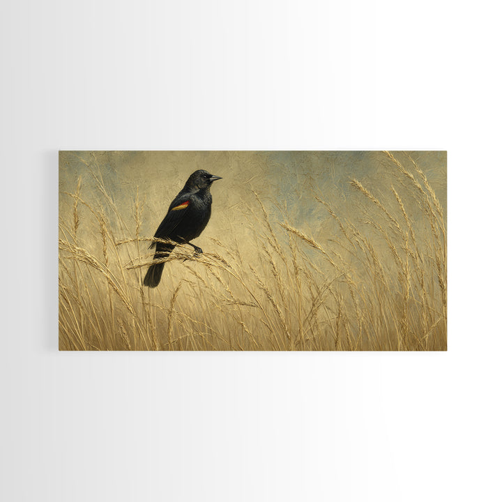 Blackbird on Gold Wheat Field Framed Canvas Print, Bird Art, Modern Wall Art, Living Room Decor, Oil Painting, Flight, BIR-2x1-92