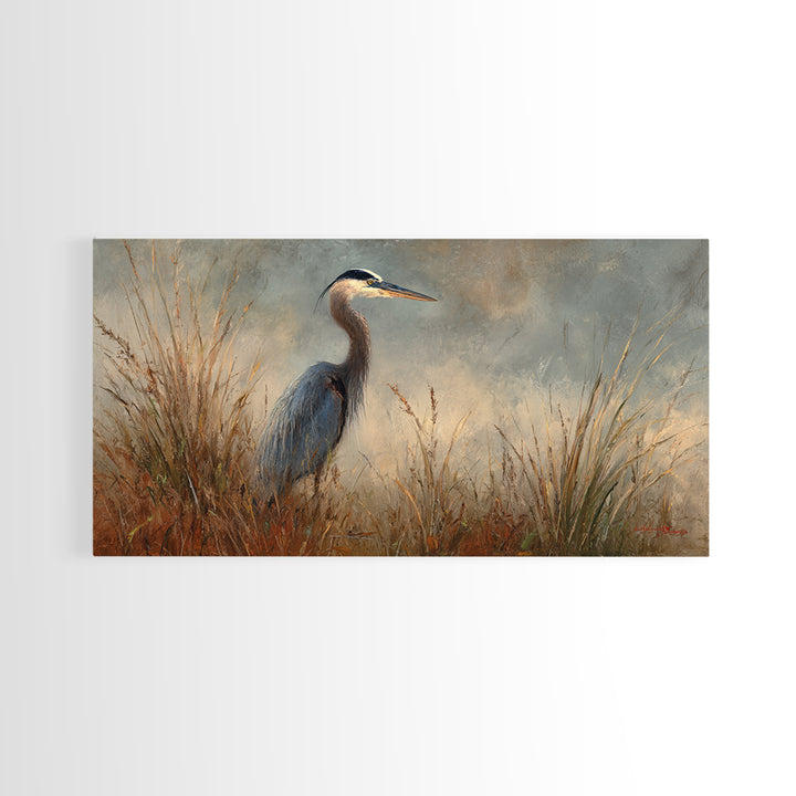 Blue Heron in Misty Marsh Grass Canvas Print, Bird Art, Digital Prints, Living Room Decor, Fine Art, Flight, Modern Art, BIR-2x1-94