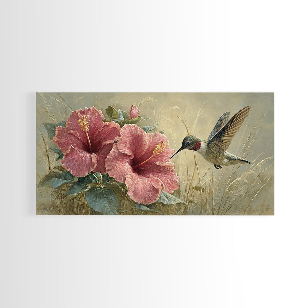 Hummingbird Hovering Beside Bright Hibiscus Framed Canvas Print, Bird Art, Bird Prints, Living Room Decor, Oil Painting, Flight, BIR-2x1-96