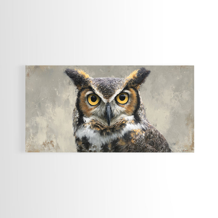 Owl Portrait with Wise Golden Eyes Framed Canvas Print, Bird Art, Japanese Wall Art, Living Room Decor, Oil Painting, Flight, BIR-2x1-97