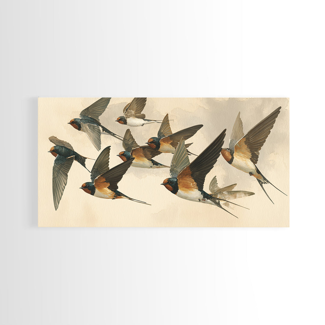 Flock of Swallows Sweeping Across Open Sky Canvas Print, Bird Art, Living Room Decor, Watercolor Art, Flight, BIR-2x1-98