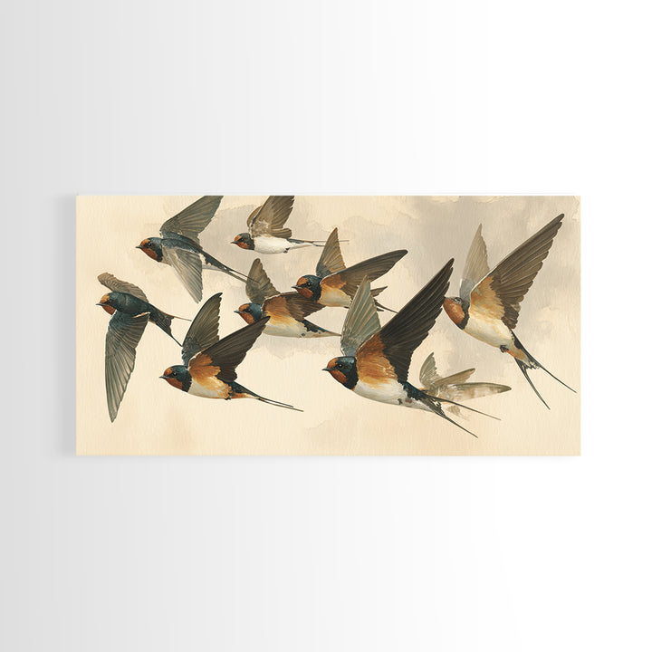 Flock of Swallows Sweeping Across Open Sky Canvas Print, Bird Art, Living Room Decor, Watercolor Art, Flight, BIR-2x1-98