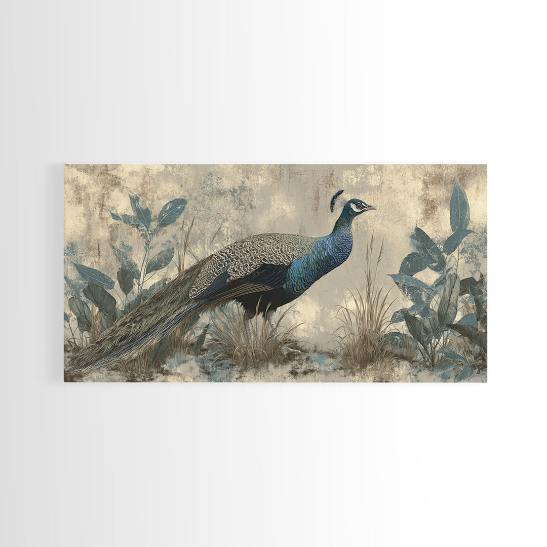 Peacock with Jewel Tone Feather Pattern Framed Canvas Print, Bird Art, Boho Wall Decor, Living Room Decor, Fine Art, Flight, BIR-2x1-99