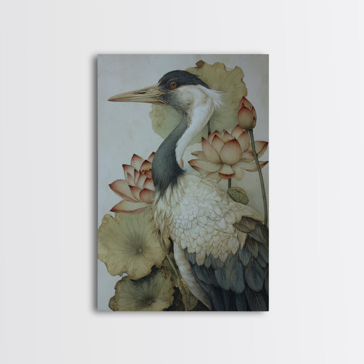 Crane and Lotus Composition Framed Canvas Print, Bird Art, Wall Art, Living Room Decor, Fine Art, Flight, Japanese Wall Art, BIR-2x3-1
