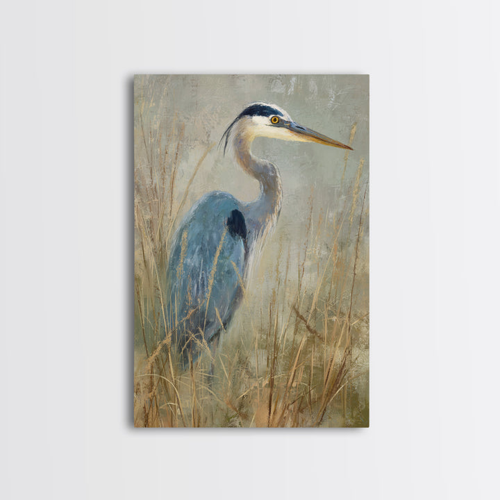 Blue Heron in Misty Marsh Grass Canvas Print, Bird Art, Luxury Decor, Living Room Decor, Flight, Art Deco, Original Art, BIR-2x3-10