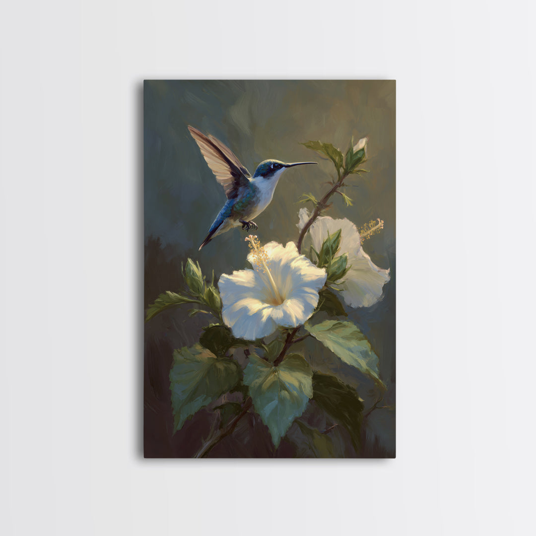 Hummingbird Hovering Beside Bright Hibiscus Framed Canvas Print, Bird Art, Minimalist Decor, Living Room Decor, Oil Painting, BIR-2x3-12