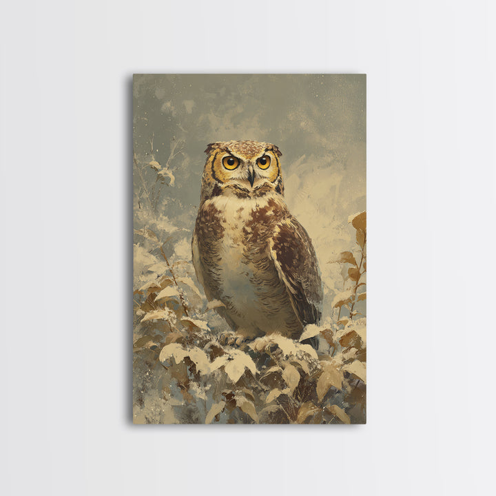 Owl Portrait with Wise Golden Eyes Framed Canvas Print, Bird Art, Digital Prints, Living Room Decor, Fine Art, Flight, BIR-2x3-13