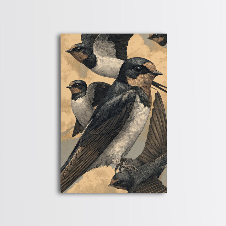 Flock of Swallows Sweeping Across Open Sky Canvas Print, Bird Art, Art Print, Living Room Decor, Oil Painting, Flight, BIR-2x3-14