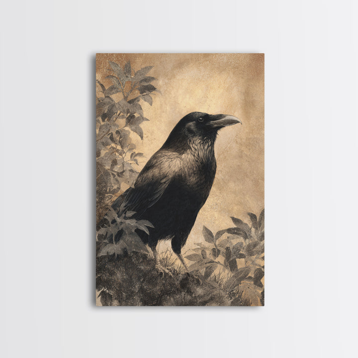 Raven Silhouette with Gothic Atmosphere Framed Canvas Print, Bird Art, Living Room Decor, Abstract Art, Flight, BIR-2x3-17