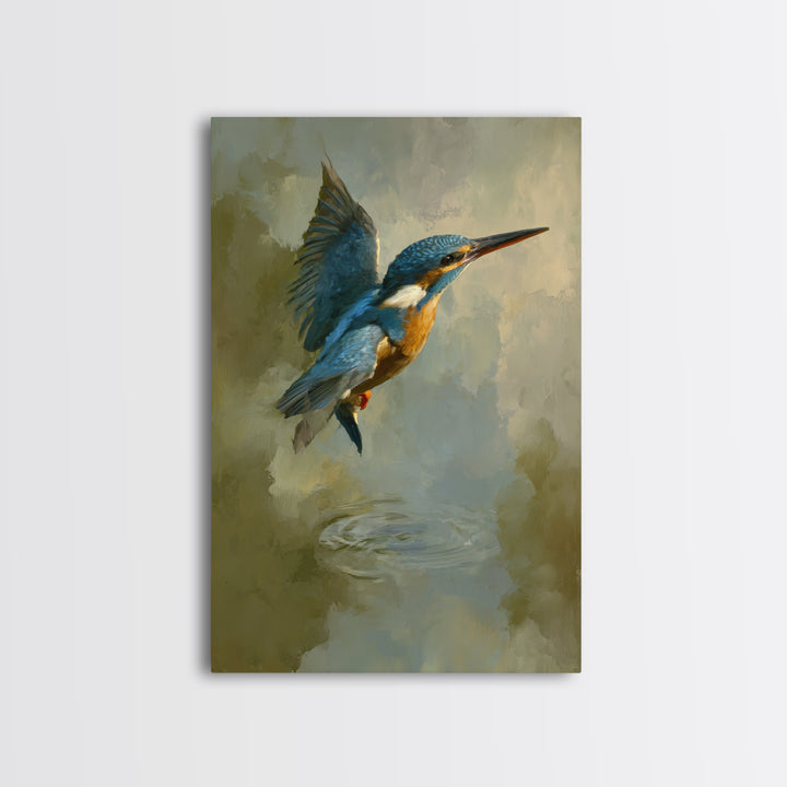 Kingfisher Diving Toward Blue Water Framed Canvas Print, Bird Art, Neutral Decor, Living Room Decor, Fine Art, Flight, BIR-2x3-19