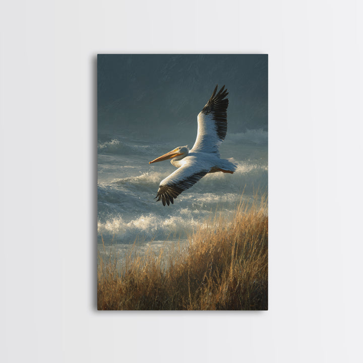 Pelican Flying over Coastal Waves Framed Canvas Print, Bird Art, Boho Decor, Living Room Decor, Abstract Art, Flight, BIR-2x3-2