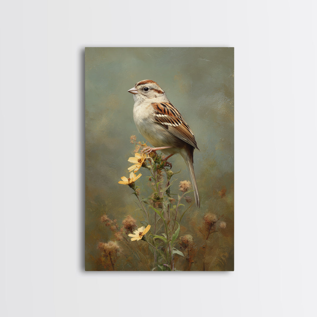 Small Sparrow on Wildflower Stem Framed Canvas Print, Bird Art, Textured Painting, Living Room Decor, Fine Art, Flight, BIR-2x3-22