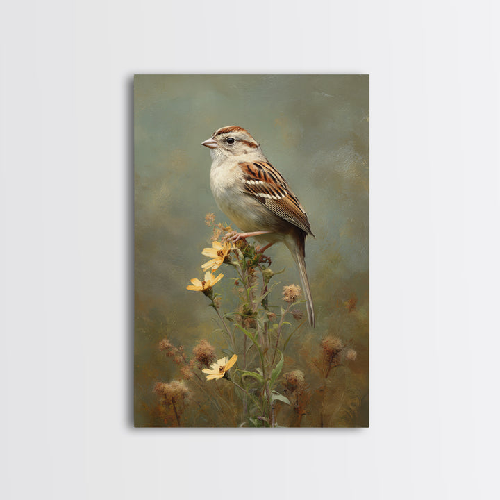 Small Sparrow on Wildflower Stem Framed Canvas Print, Bird Art, Textured Painting, Living Room Decor, Fine Art, Flight, BIR-2x3-22