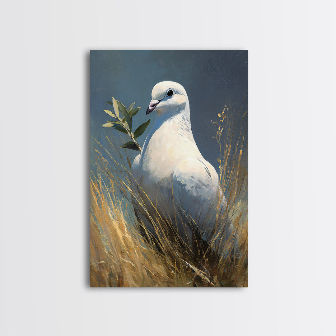 White Dove with Olive Branch and Calm Framed Canvas Print, Bird Art, Living Room Art, Living Room Decor, Watercolor Art, Flight, BIR-2x3-24