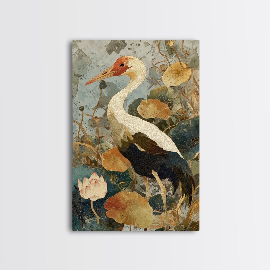 Crane and Lotus Composition Framed Canvas Print, Bird Art, Wall Art, Living Room Decor, Fine Art, Flight, Japanese Wall Art, BIR-2x3-25