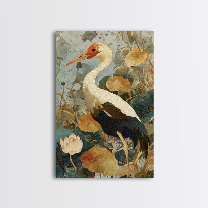 Crane and Lotus Composition Framed Canvas Print, Bird Art, Wall Art, Living Room Decor, Fine Art, Flight, Japanese Wall Art, BIR-2x3-25