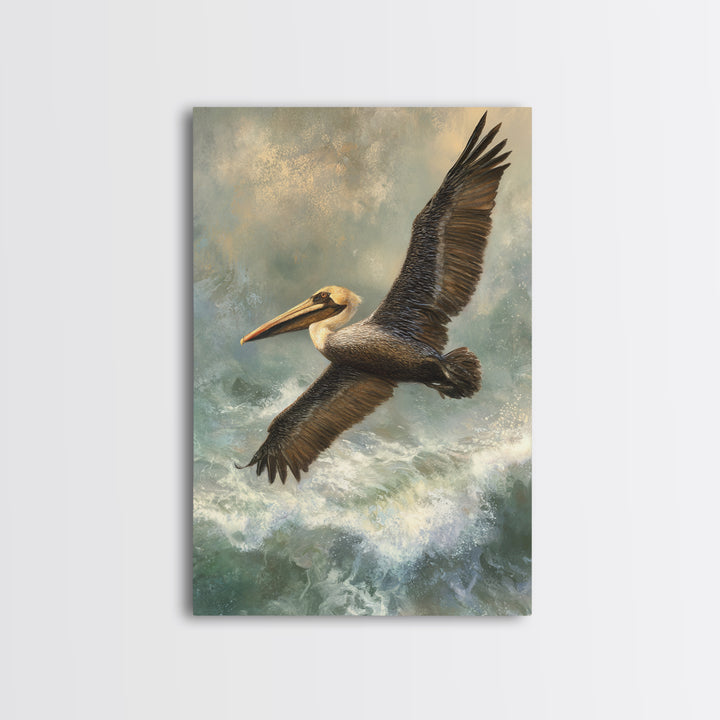 Pelican Flying over Coastal Waves Framed Canvas Print, Bird Art, Boho Decor, Living Room Decor, Abstract Art, Flight, BIR-2x3-26