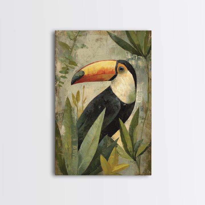 Toucan Framed by Bold Jungle Foliage Canvas Print, Bird Art, Statement Artwork, Living Room Decor, Flight, Digital Prints, BIR-2x3-31
