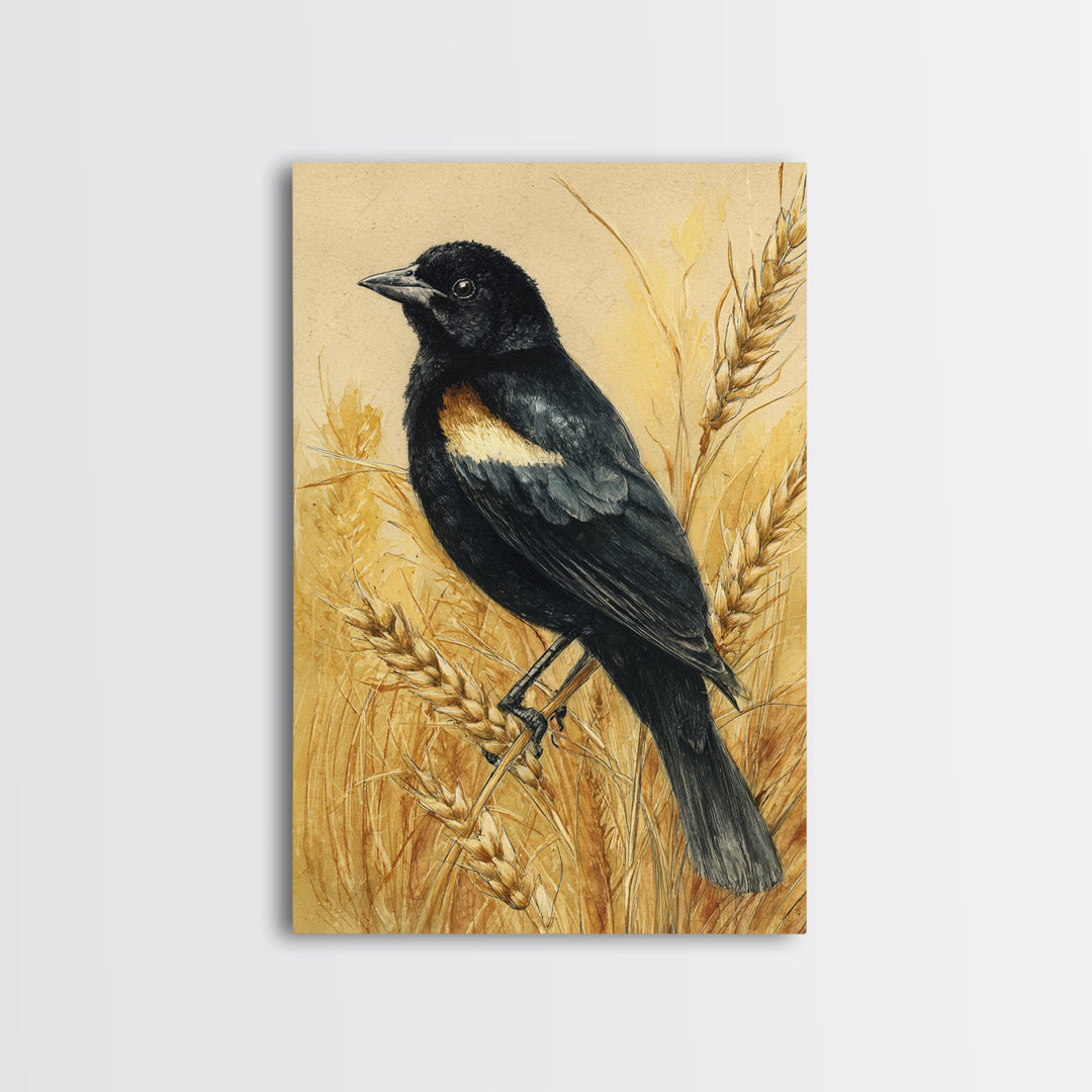 Blackbird on Gold Wheat Field Canvas Print, Bird Art, Bird Wall Art, Living Room Decor, Fine Art, Flight, Art Print, BIR-2x3-32