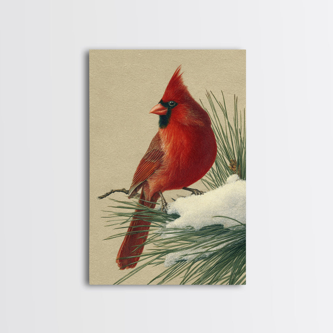 Red Cardinal on Snowy Pine Branch Framed Canvas Print, Bird Art, Digital Print, Living Room Decor, Flight, Bird Prints, BIR-2x3-33