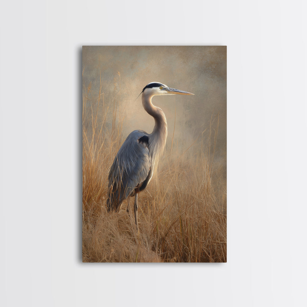 Blue Heron in Misty Marsh Grass Framed Canvas Print, Bird Art, Contemporary Art, Living Room Decor, Fine Art, Flight, BIR-2x3-34
