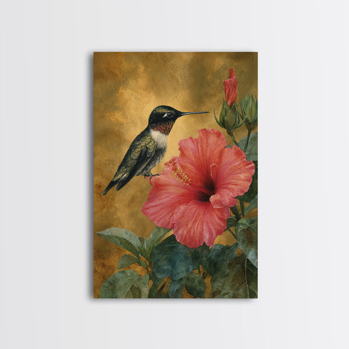 Hummingbird Hovering Beside Bright Hibiscus Canvas Print, Bird Art, Mid Century Wall Art, Living Room Decor, Flight, BIR-2x3-36