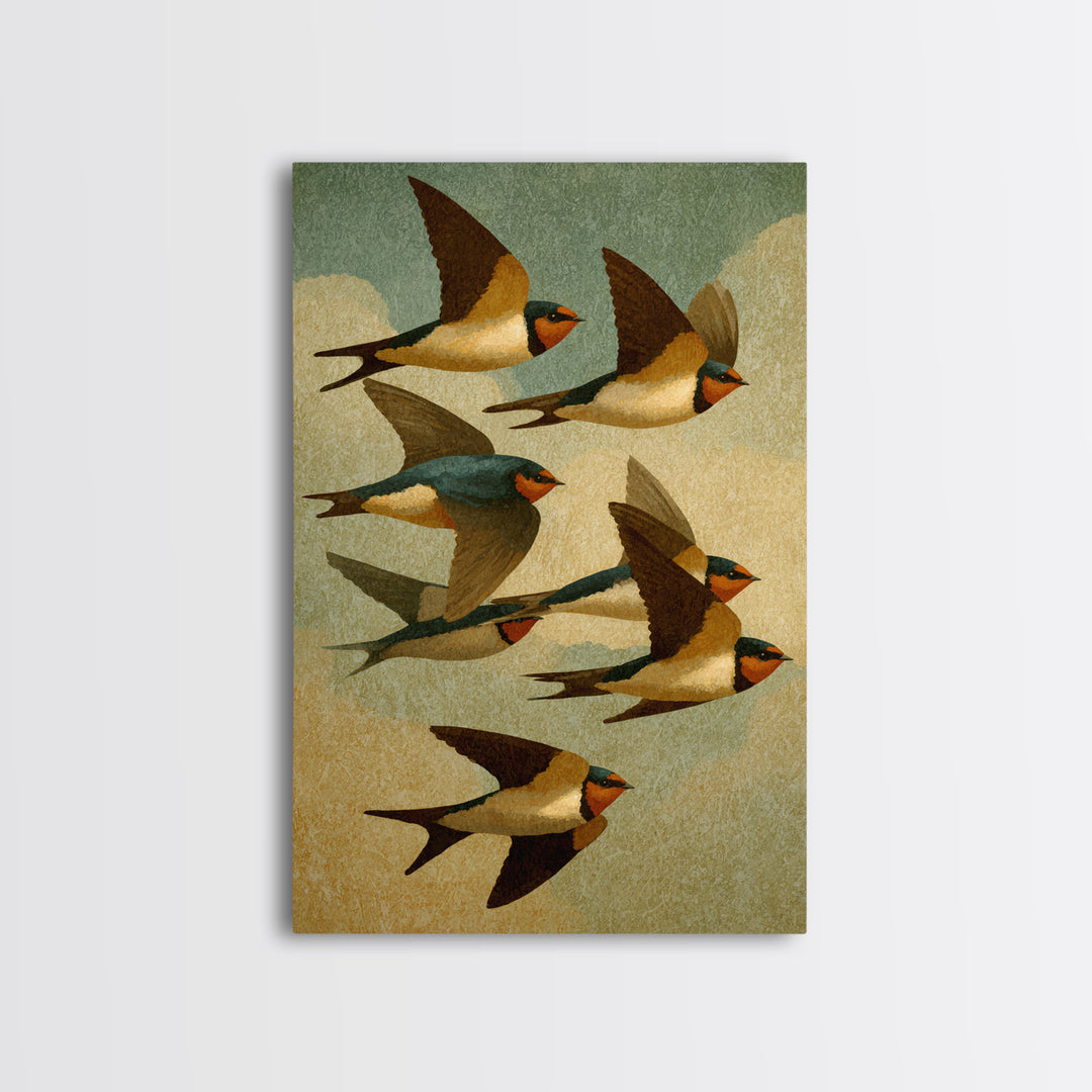 Flock of Swallows Sweeping Across Open Sky Framed Canvas Print, Bird Art, Wall Art, Living Room Decor, Fine Art, Flight, BIR-2x3-38