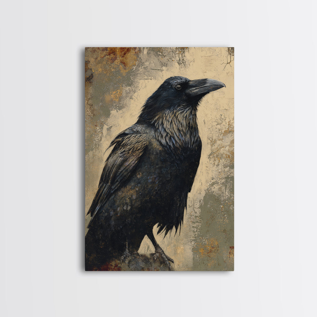 Raven Silhouette with Gothic Atmosphere Framed Canvas Print, Bird Art, Living Room Decor, Abstract Art, Flight, BIR-2x3-41