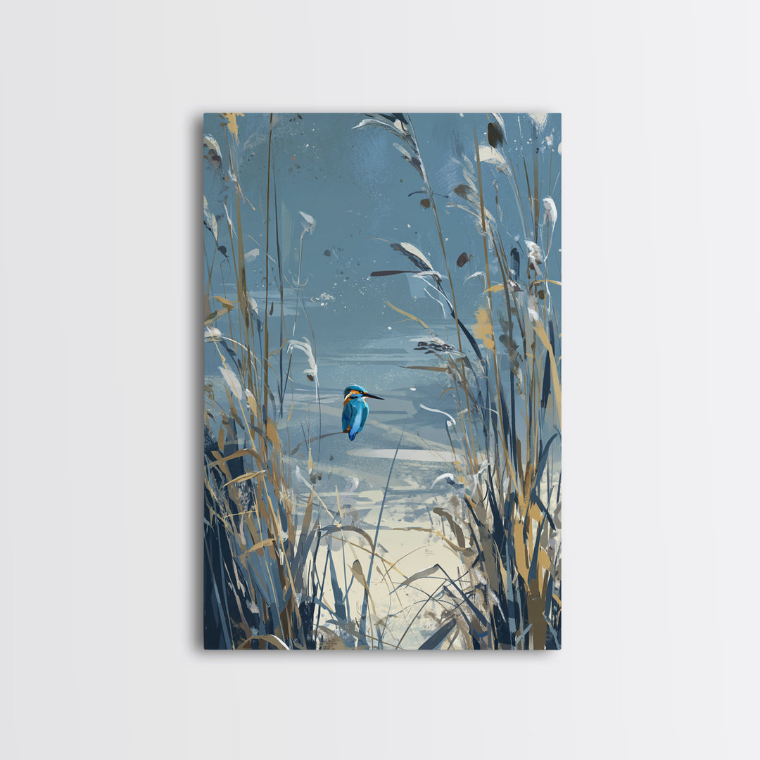 Kingfisher Diving Toward Blue Water Framed Canvas Print, Bird Art, Contemporary Art, Living Room Decor, Fine Art, Flight, BIR-2x3-43