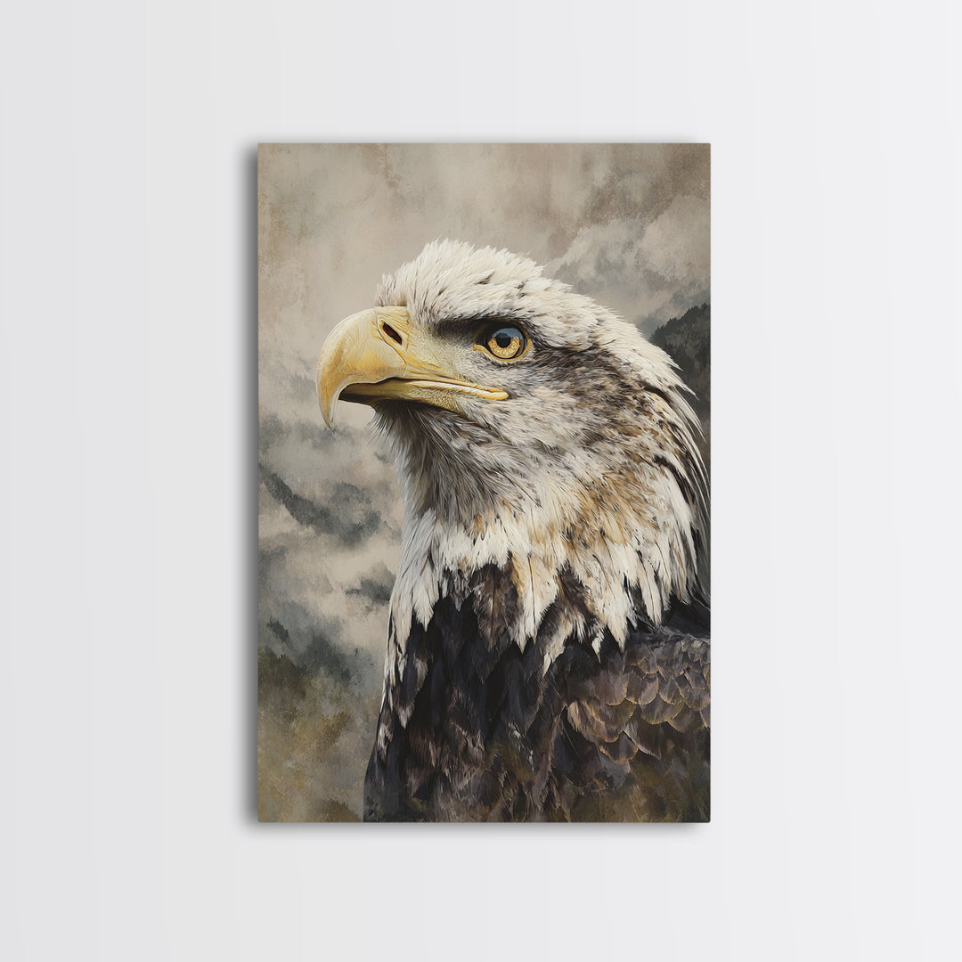 Eagle Portrait with Dramatic Mountain Wind Framed Canvas Print, Bird Art, Floral Art, Living Room Decor, Fine Art, Flight, BIR-2x3-44