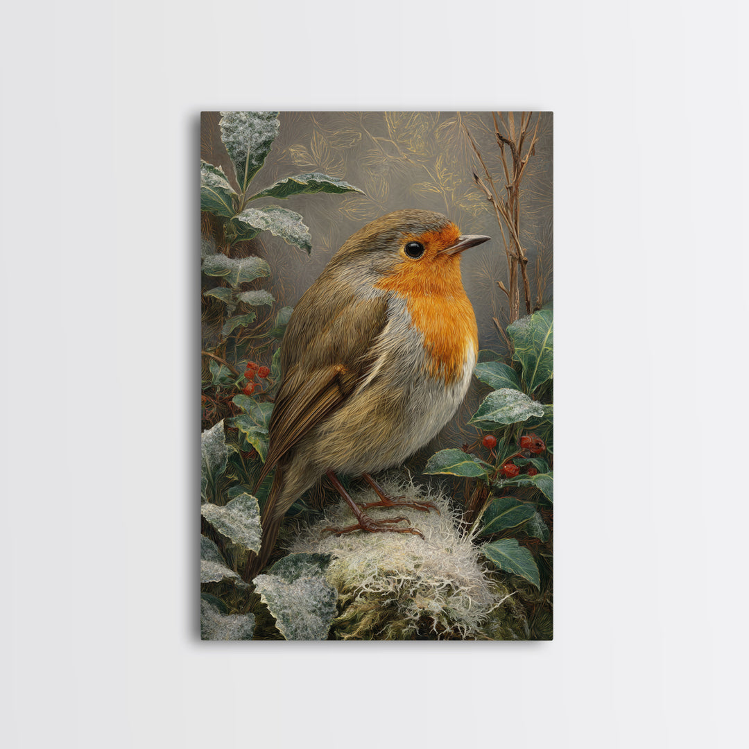 Robin in a Spring Garden with Soft Framed Canvas Print, Bird Art, Wall Art, Living Room Decor, Flight, Japanese Wall Art, BIR-2x3-47