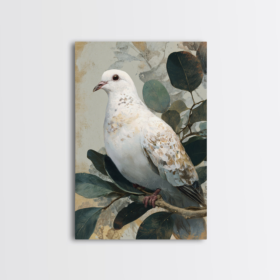 White Dove with Olive Branch and Calm Framed Canvas Print, Bird Art, Boho Decor, Living Room Decor, Fine Art, Flight, BIR-2x3-48