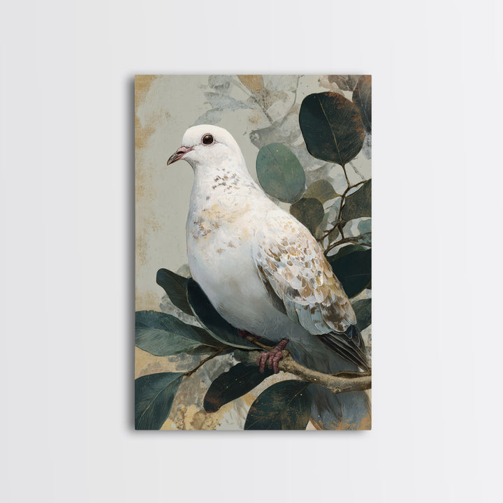 White Dove with Olive Branch and Calm Framed Canvas Print, Bird Art, Boho Decor, Living Room Decor, Fine Art, Flight, BIR-2x3-48