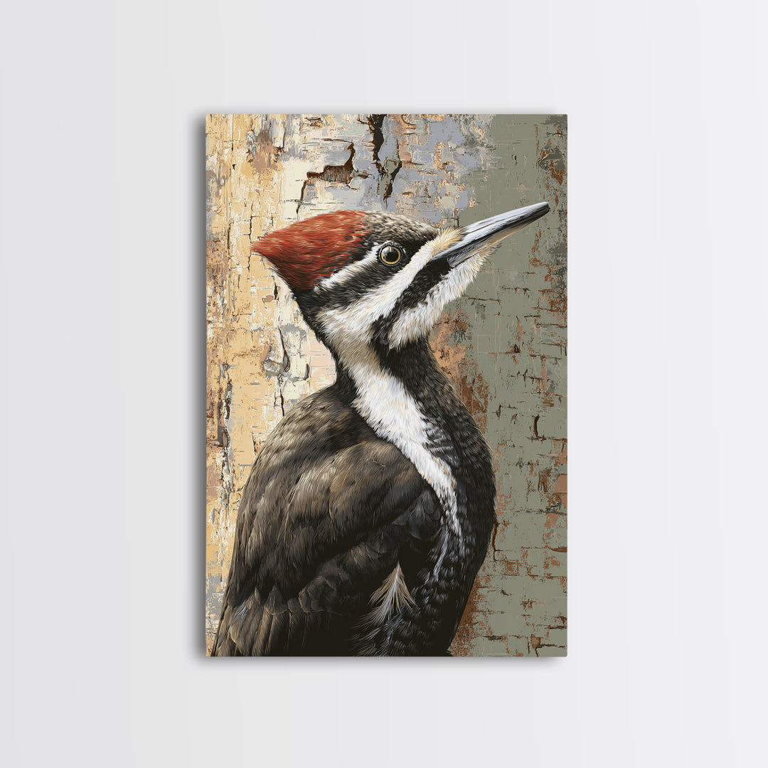 Woodpecker on Birch Bark Texture Framed Canvas Print, Bird Art, Original Art, Living Room Decor, Oil Painting, Flight, BIR-2x3-53
