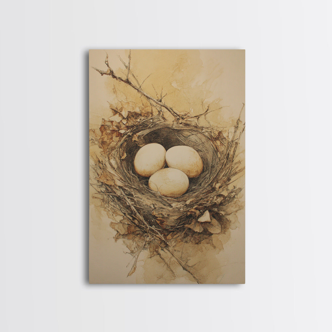 Bird Nest with Eggs and Delicate Twigs Canvas Print, Bird Art, Minimalist Decor, Living Room Decor, Fine Art, Flight, BIR-2x3-54