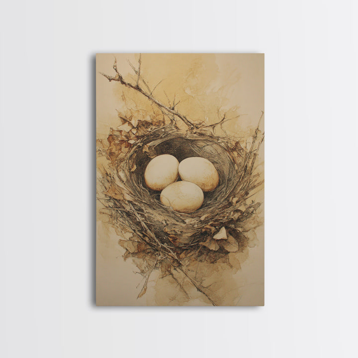 Bird Nest with Eggs and Delicate Twigs Canvas Print, Bird Art, Minimalist Decor, Living Room Decor, Fine Art, Flight, BIR-2x3-54
