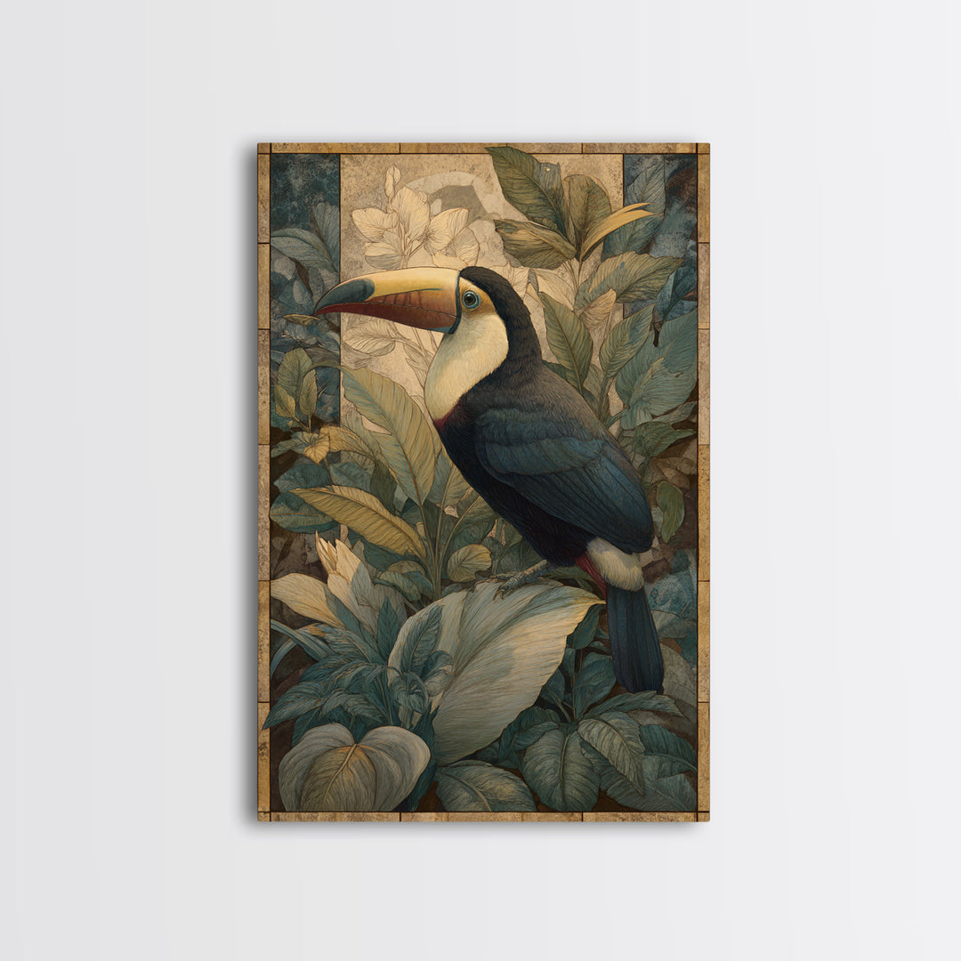 Toucan Framed by Bold Jungle Foliage Framed Canvas Print, Bird Art, Textured Painting, Living Room Decor, Fine Art, Flight, BIR-2x3-55