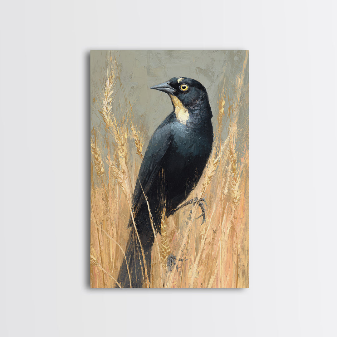 Blackbird on Gold Wheat Field Framed Canvas Print, Bird Art, Neutral Decor, Living Room Decor, Abstract Art, Flight, Wall Art, BIR-2x3-56