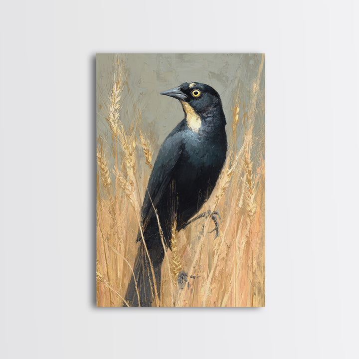 Blackbird on Gold Wheat Field Framed Canvas Print, Bird Art, Neutral Decor, Living Room Decor, Abstract Art, Flight, Wall Art, BIR-2x3-56