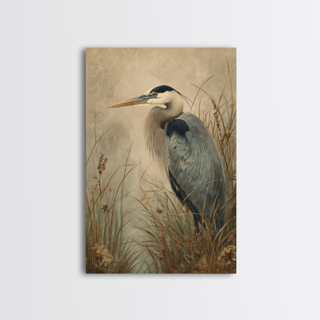 Blue Heron in Misty Marsh Grass Canvas Print, Bird Art, Mid Century Modern, Living Room Decor, Flight, Botanical Wall Art, BIR-2x3-58