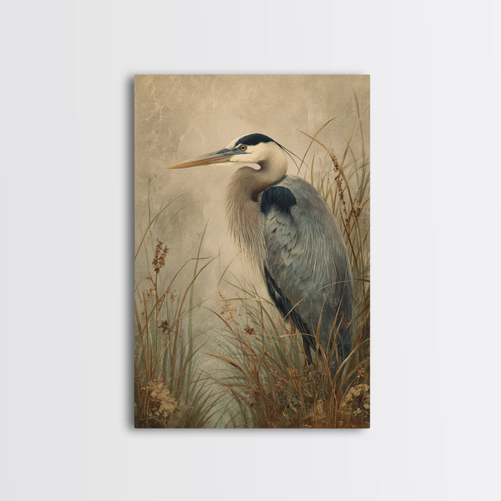 Blue Heron in Misty Marsh Grass Canvas Print, Bird Art, Mid Century Modern, Living Room Decor, Flight, Botanical Wall Art, BIR-2x3-58