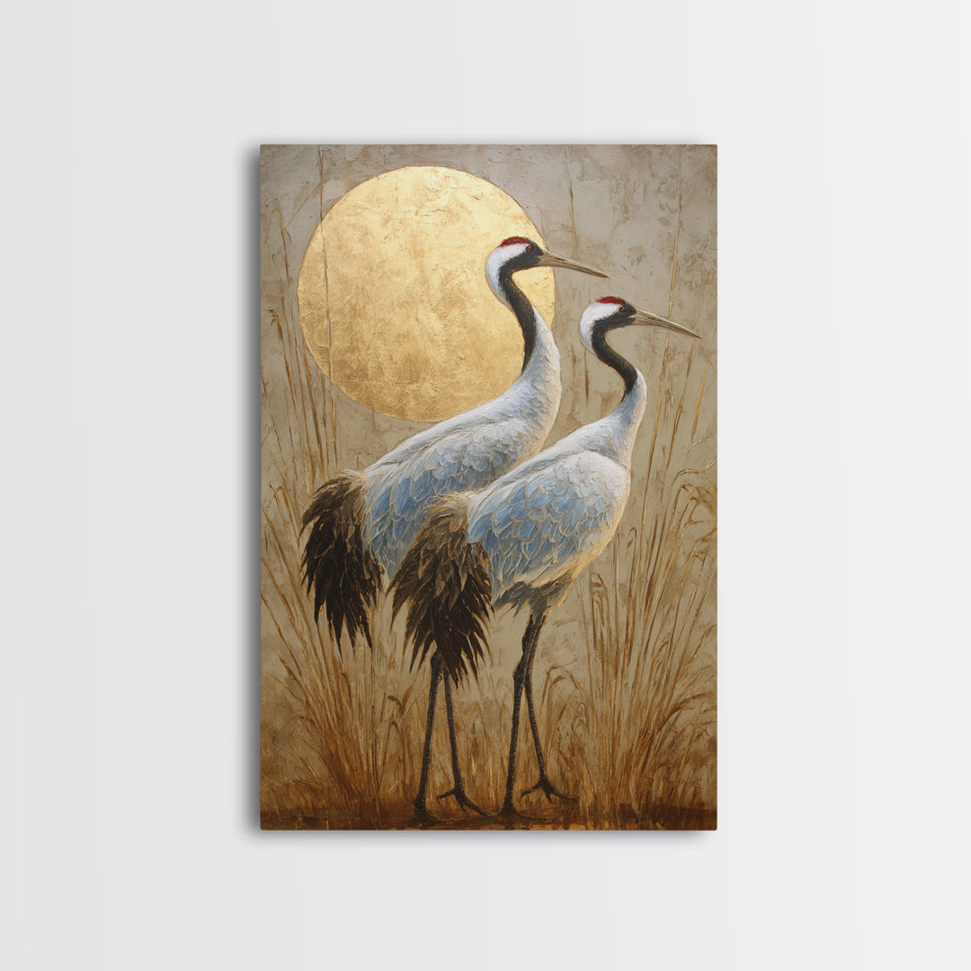 Pair of Cranes Dancing Framed Canvas Print, Bird Art, Digital Prints, Living Room Decor, Oil Painting, Flight, Modern Art, BIR-2x3-59