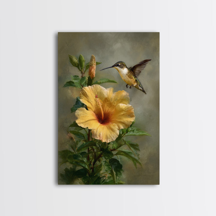 Hummingbird Hovering Beside Bright Hibiscus Framed Canvas Print, Bird Art, Wall Art, Living Room Decor, Fine Art, Flight, BIR-2x3-60